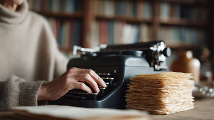 Writer typing on a vintage machine. Creative process, storytelling, and nostalgia concepts. Warm, muted tones. Perfect for blogs, articles, or literary projects.