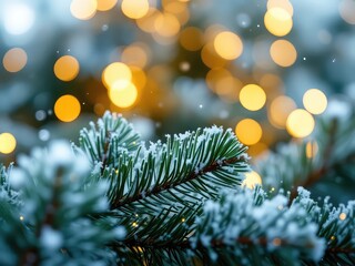 Frosted evergreen branches with glowing golden orbs in the blurry background evoke feelings of warmth and winter festivity