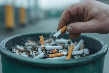 Discarded cigarettes: a close-up of a person placing a lit cigarette into a container full of extinguished ones, highlighting the consequences of smoking.
