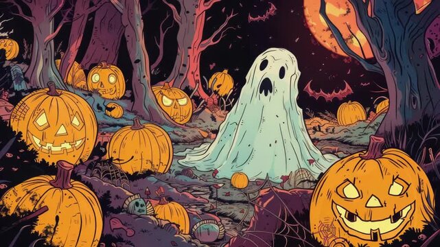 A group of pumpkins surrounded by autumn foliage, with a ghostly figure lurking in the background