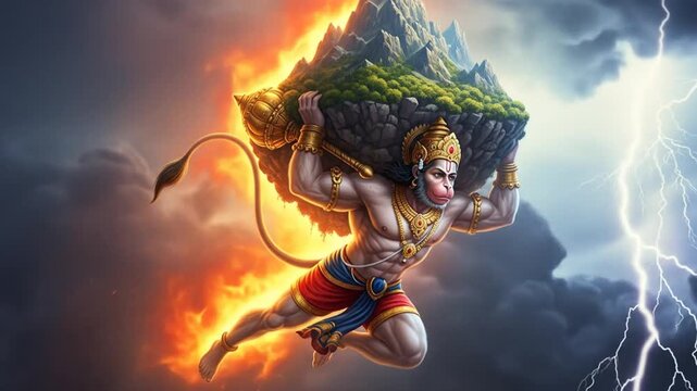 Depiction of Hanuman carrying mountain, set against background of fiery storm and lightning, a