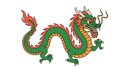 Obraz premium Stylized illustration of a traditional green chinese dragon with red and orange accents