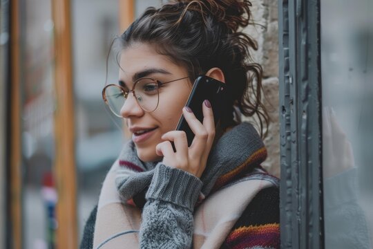 Smiling young woman wearing eyeglasses and a scarf making a phone call while leaning against a wall outdoors