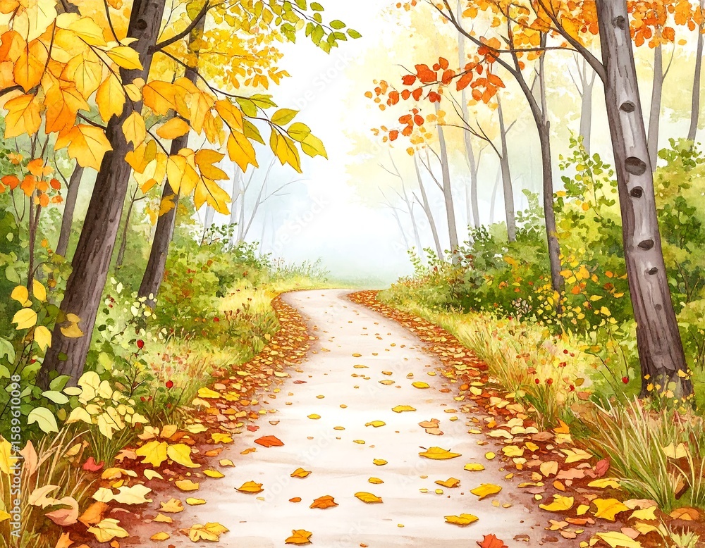 Poster serene autumn pathway through colorful trees and foliage in tranquil nature setting