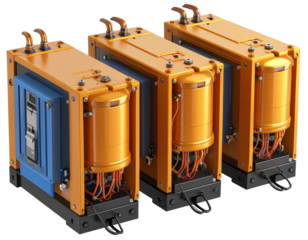 3D Composition of Cast Resin Transformers with One Tilted Forward, Dynamic Technical Icon, Transparent Background.