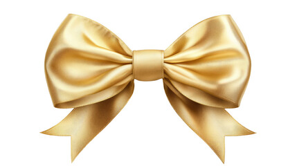 Shiny golden ribbon bow with smooth satin texture and elegant loops isolated on white background
