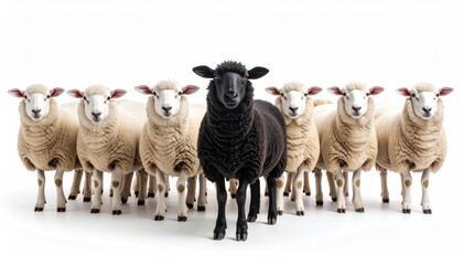 Fototapeta premium A black sheep standing out from a group of white sheep