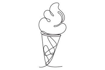 Line Art Ice Cream Cone Outline Contour Drawing. Summer Beach Party decoration. Resort Rest Vacation Moments Symbol. Wavy Curved Shape Silhouette Design.