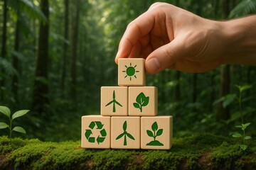 Sustainable Development Action Human Hand Stacking Eco Icons in Forest for Renewable Energy and Recycling Symbols