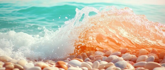 Ocean water wave crashing onto small rocks beach, turquoise sea and orange light create summer feeling, vacation atmosphere.