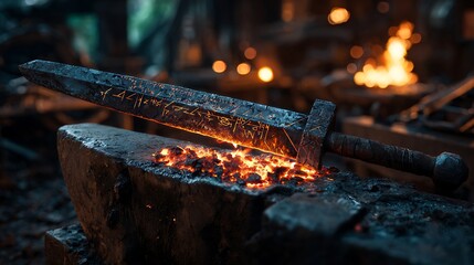 A magical iron sword glowing with runes, being forged by an enchanted blacksmith in a mystical forge .