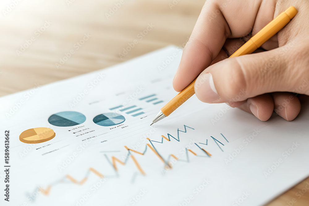 Poster analysis and data insights: a hand with a pencil analyzes a paper filled with various charts and gra