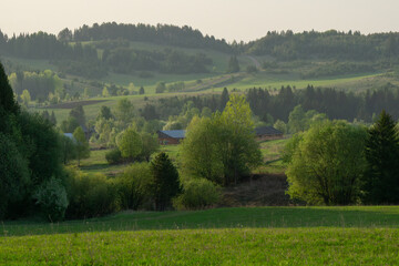 Naklejka premium Lush green landscape with rolling hills, scattered trees, and distant wooden houses, capturing the serene beauty of nature in a peaceful rural setting