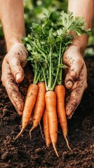 Dirty hands hold orange carrots. Freshly picked root vegetables with green tops. Garden soil background. Close up view of harvest from ground.