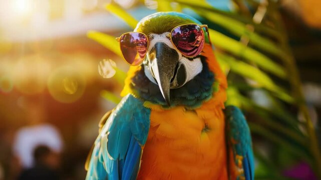 A vibrant parrot wearing stylish sunglasses on its face, perfect for a fun and quirky image