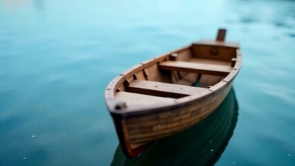 Empty wooden boat on calm blue river water at evening