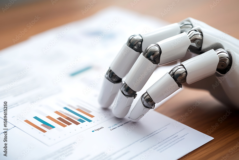 Poster ai analyzes data: a robotic hand examines a chart showcasing financial performance. focus on automat