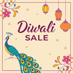 Naklejka premium Diwali Sale Banner Peacock Feathers Lanterns Floral Design