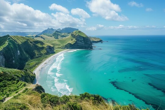 Breathtaking aerial view of wharariki beach, a stunning coastal paradise nestled amidst lush green cliffs and the vast turquoise expanse of the tasman sea in new zealand