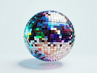 Dazzling Sphere Composed of Tiny Mirrored Tiles Reflecting Light and Color, Casting a Vibrant Shadow on a Plain Surface