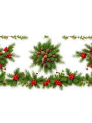 Festive evergreen branches with bright red berries and natural pine cones form a decorative border on a white background