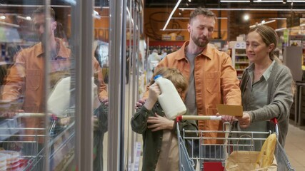 Pre-teen child taking plastic milk container from shelf of display cooler and putting it in shopping cart while shopping with positive parents in supermarket
