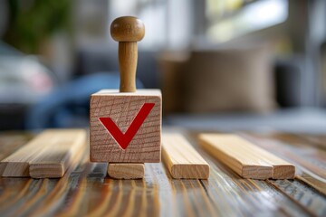 Wooden cube with a red check mark balancing on blocks represents overcoming challenges and achieving success