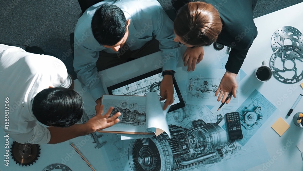 Poster time lapse of smart project manager sitting while colleague walking at meeting. professional enginee