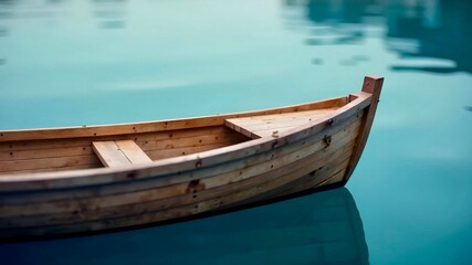 Empty wooden boat on calm blue river water at evening