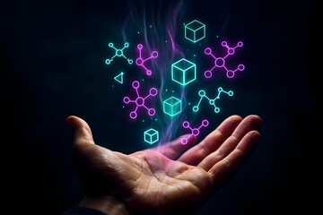 Human hand holding glowing digital network and molecular structures in darkness