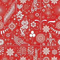 Festive Red and White Pattern Celebratory Design with Floral and Geometric Elements for Creative Projects and Backgrounds