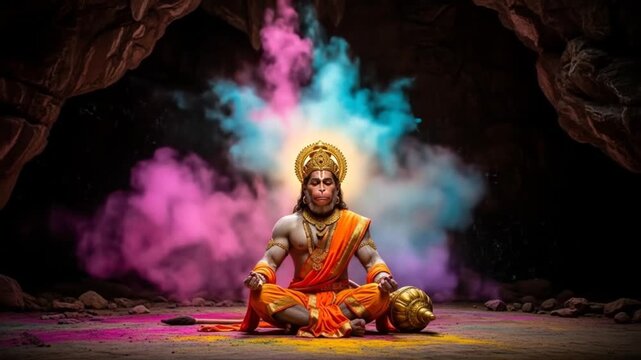Spiritual Serenity: Hanuman's Meditative Pose Amidst Mystical Cave and Ethereal Hues Creates a