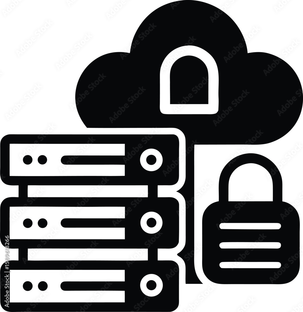 Poster vector art of cloud computing servers and a locked padlock represent data security