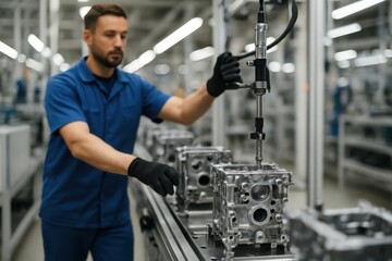 Man in blue uniform using tool on engine block assembly line factory worker