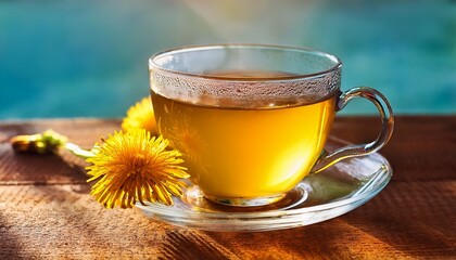dandelion tea in a glass cup with saucer fresh yellow dandelion flower infused in hot water illuminated by sunlight herbal drink