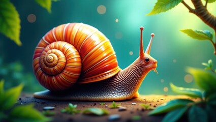 Vibrant orange-red snail in a lush forest setting