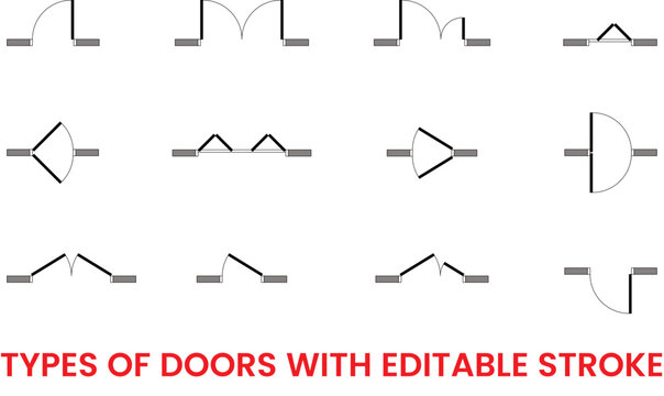 Types of doors set, Architectural elements, set of doors for floor plan, construction elements, graphic design, interior design, customizable stroke, vector, illustration