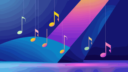 Colorful musical notes hanging in a modern abstract design with vibrant gradients and shapes