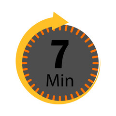 Circular timer icon indicating seven minutes with a yellow arrow indicating time passing
