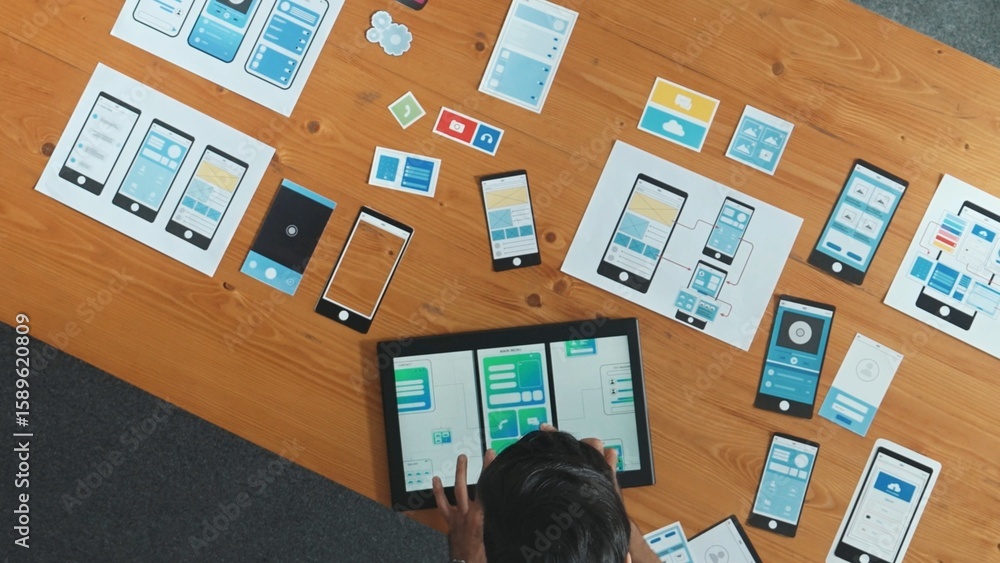 Poster top view of skilled developer walking and placing ux ui software. smart business man put tablet on m