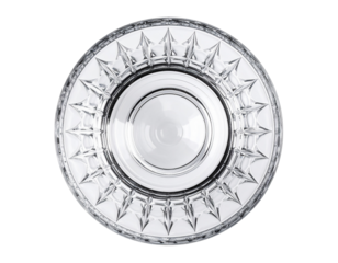 Top-Down View of Empty Crystal Goblet with Faceted Rim and Base Details, Isolated PNG.
