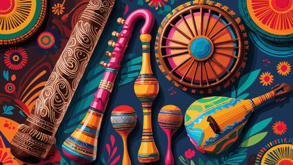 Colorful traditional musical instruments arranged on a vibrant patterned background showcasing cultural artistry