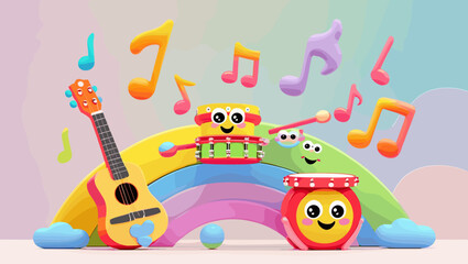 Colorful musical toys including a guitar and drums on a playful rainbow backdrop with musical notes
