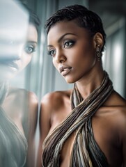 Stylish Woman Gazing Through Glass with Elegant, Reflective Mood