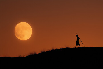  Silhouette of Kanwariya with saffron Kanwar walking under moonlit sky and space for festive branding.

