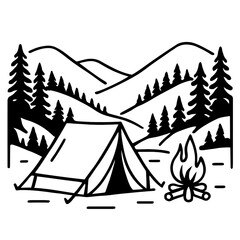 Obraz premium Camping in Mountains with Forest and Tent Vector Line Art Illustration - Outdoor Adventure Scene
