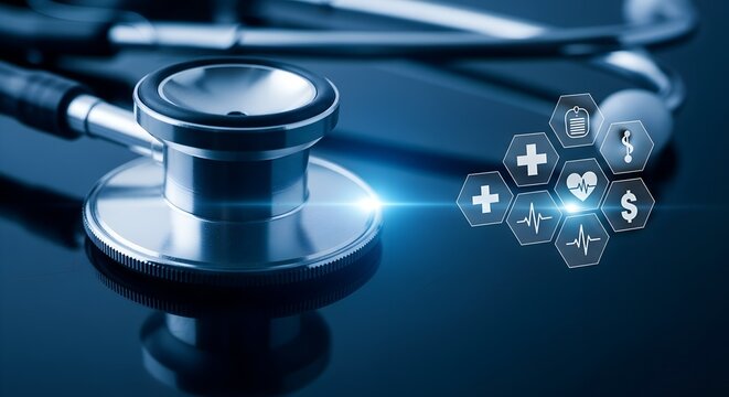 Modern stethoscope with glowing digital health icons including heart pulse medical cross and dollar sign symbolizing healthcare finance