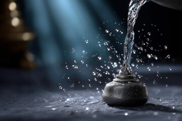  Ganga Jal droplets over crystal Shivling with divine background and copy-ready top space.
