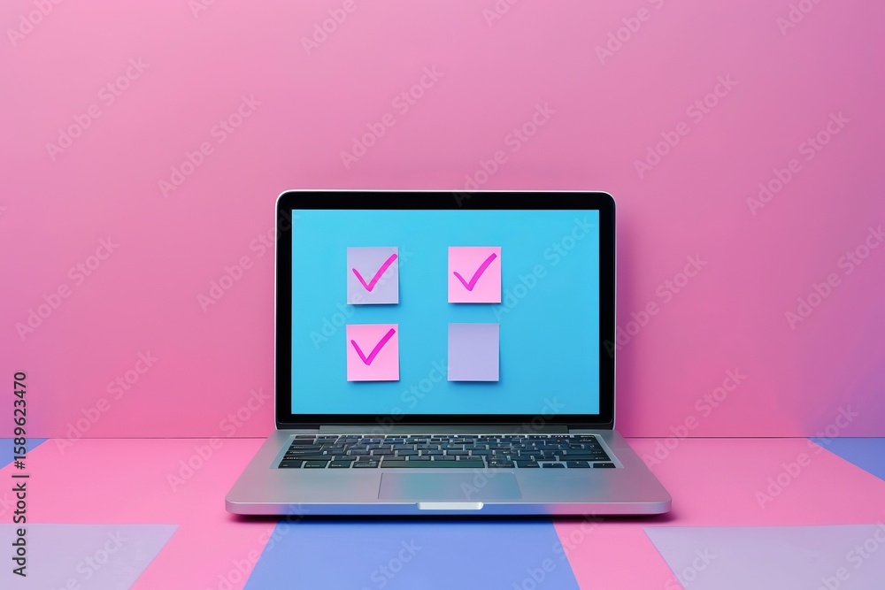 Poster laptop displaying check marks on sticky notes, symbolizing completed tasks and productivity on a vib