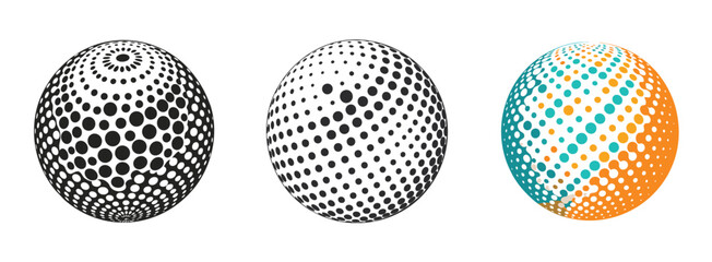 Three abstract spheres constructed from dot patterns and varying color schemes on white